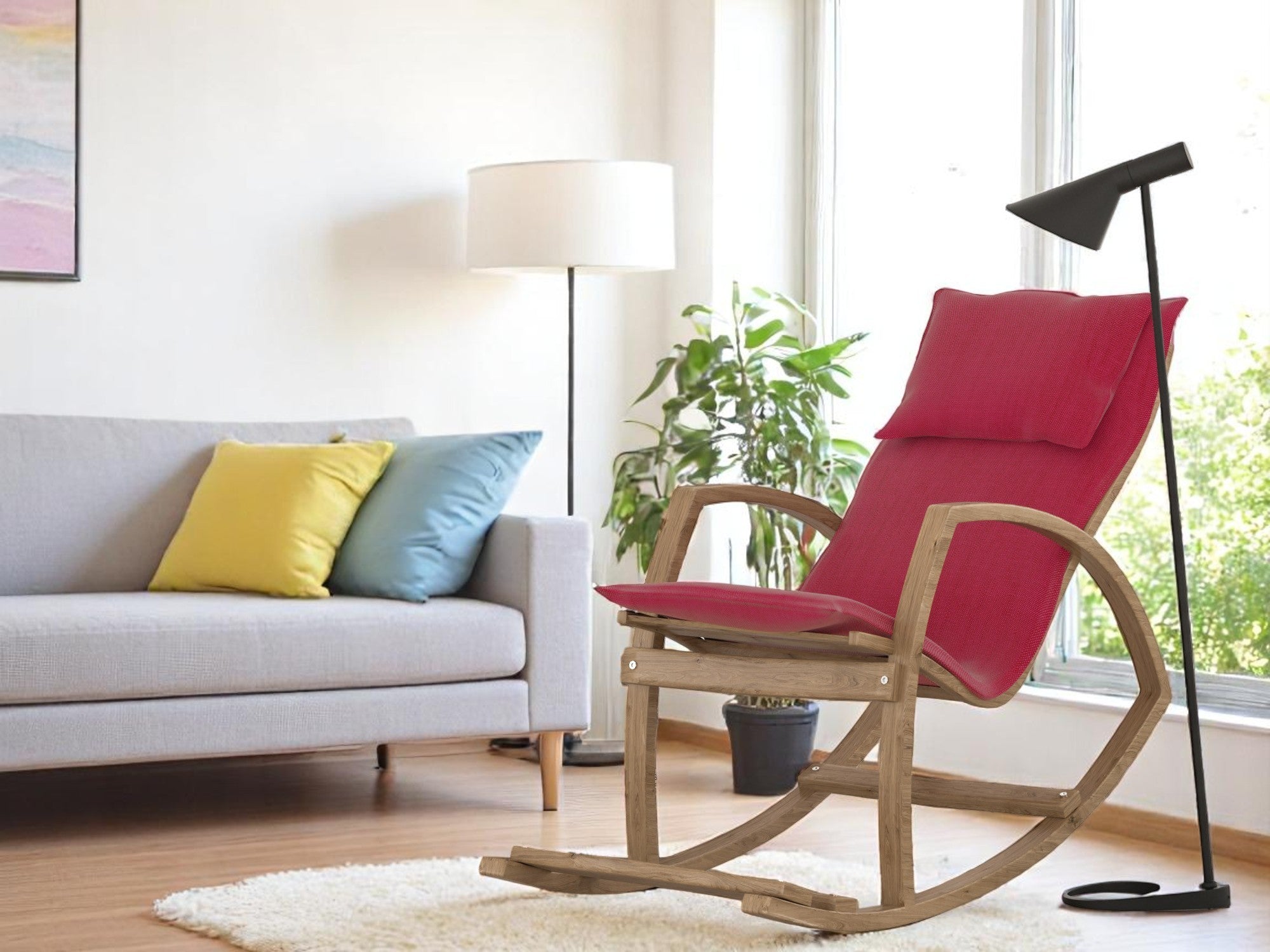Modern Rocking Chair, Modern Accent Rocker Armchair With Wooden Frame, Upholstered High Back Wooden Rocking Chair for Contemporary Living Spaces, Red - Grand Goldman Shop