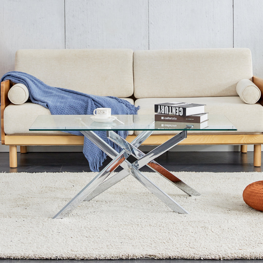 39.37' Rectangular Clear Tempered Glass Coffee Table,Stylish Design with Silver Chrome Plated Metal Legs, Coffee Table for Living Room - Grand Goldman Shop