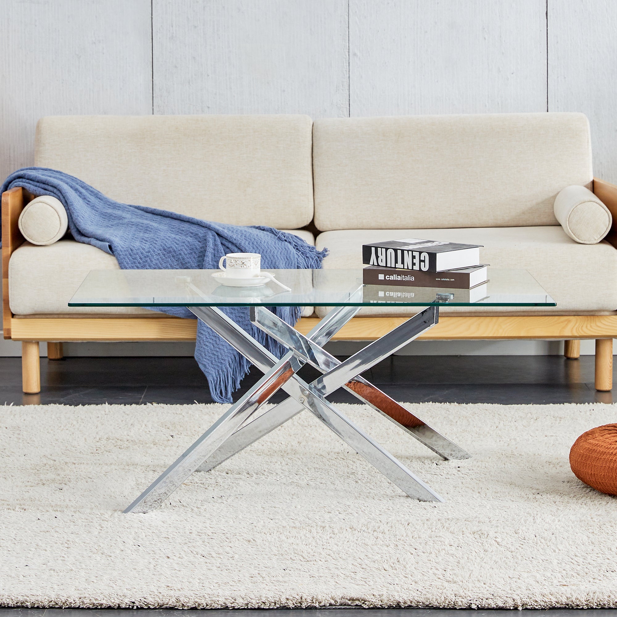 39.37' Rectangular Clear Tempered Glass Coffee Table,Stylish Design with Silver Chrome Plated Metal Legs, Coffee Table for Living Room - Grand Goldman Shop