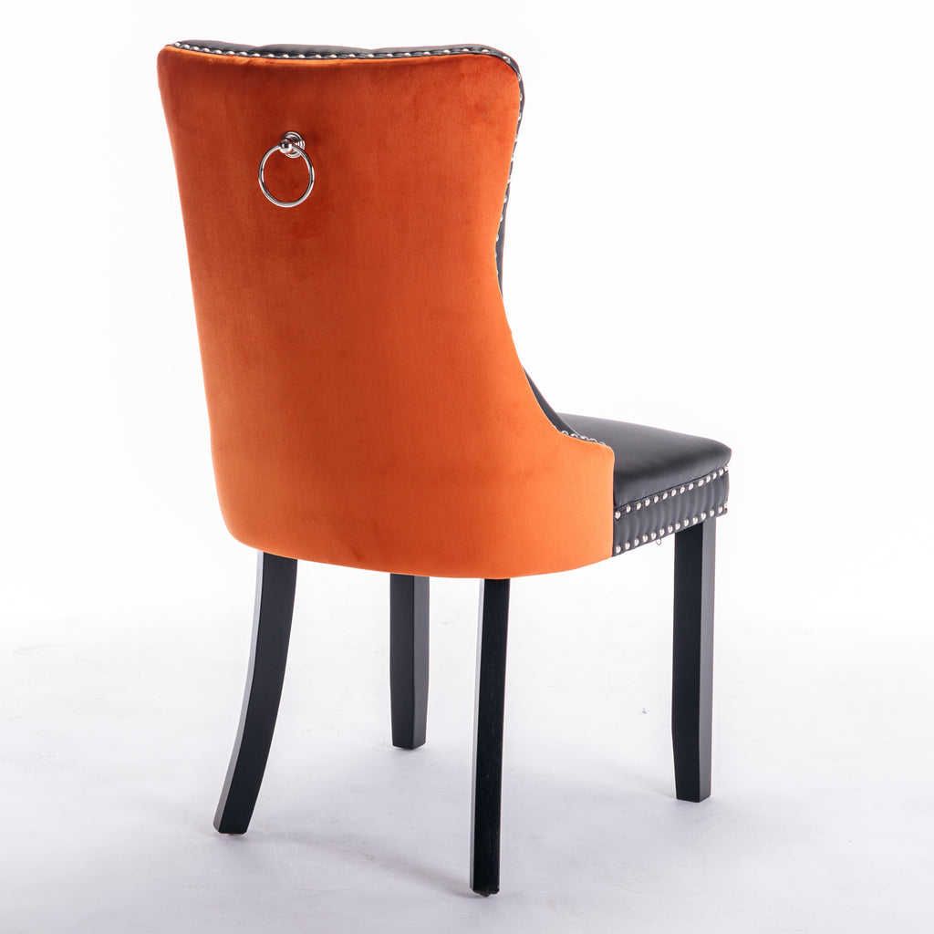 A&A Furniture,Nikki Collection Modern, High-end Tufted Solid Wood Contemporary PU and Velvet Upholstered Dining Chair with Wood Legs Nailhead Trim  2-Pcs Set，Black+Orange, SW2101BO - Grand Goldman Shop