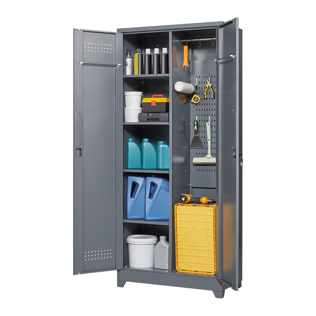 Gray And White Color Metal Lockers, Cleaning Tool Cabinets With Locking Doors, High Broom Tool Storage Cabinets, Adjustable S