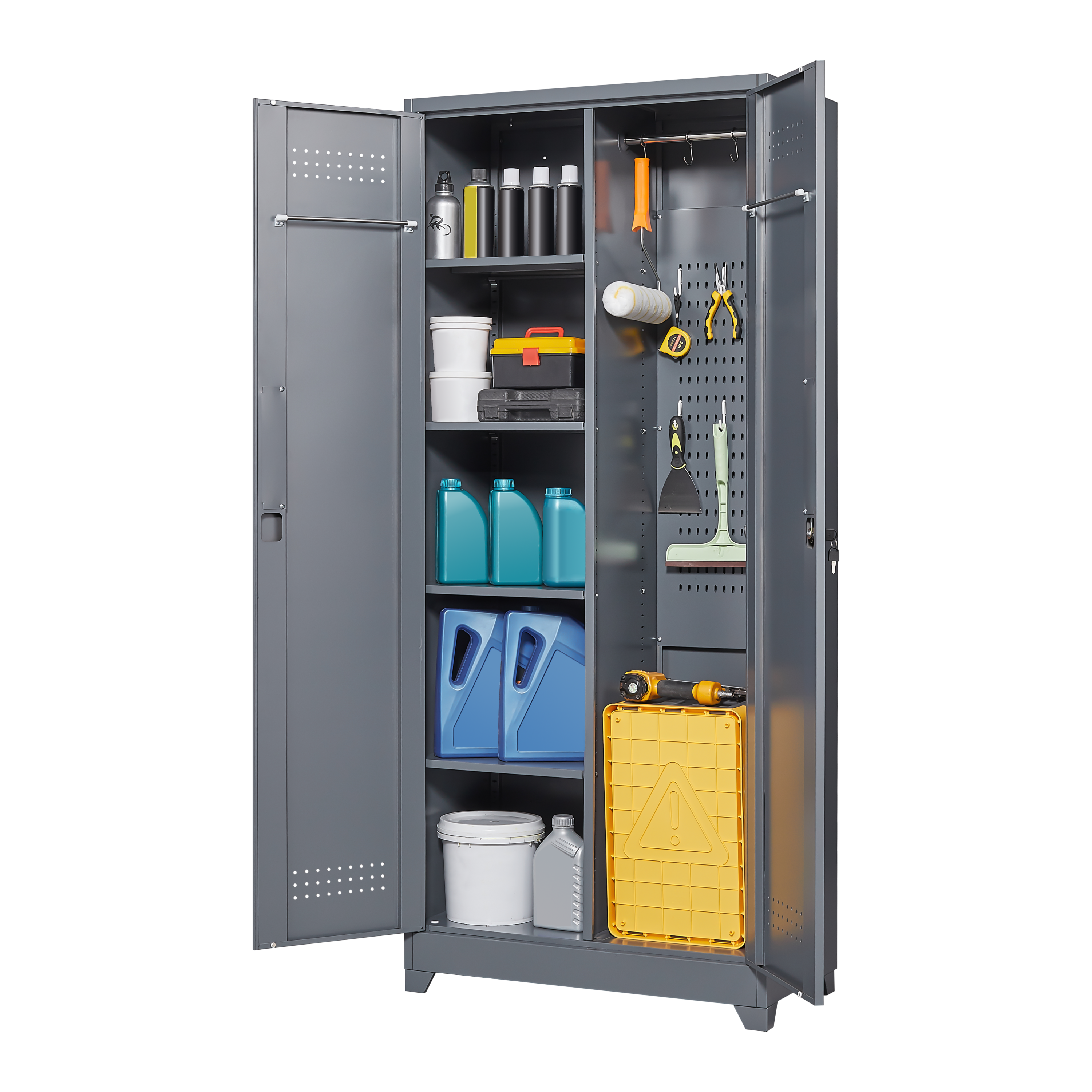 Gray And White Color Metal Lockers, Cleaning Tool Cabinets With Locking Doors, High Broom Tool Storage Cabinets, Adjustable S