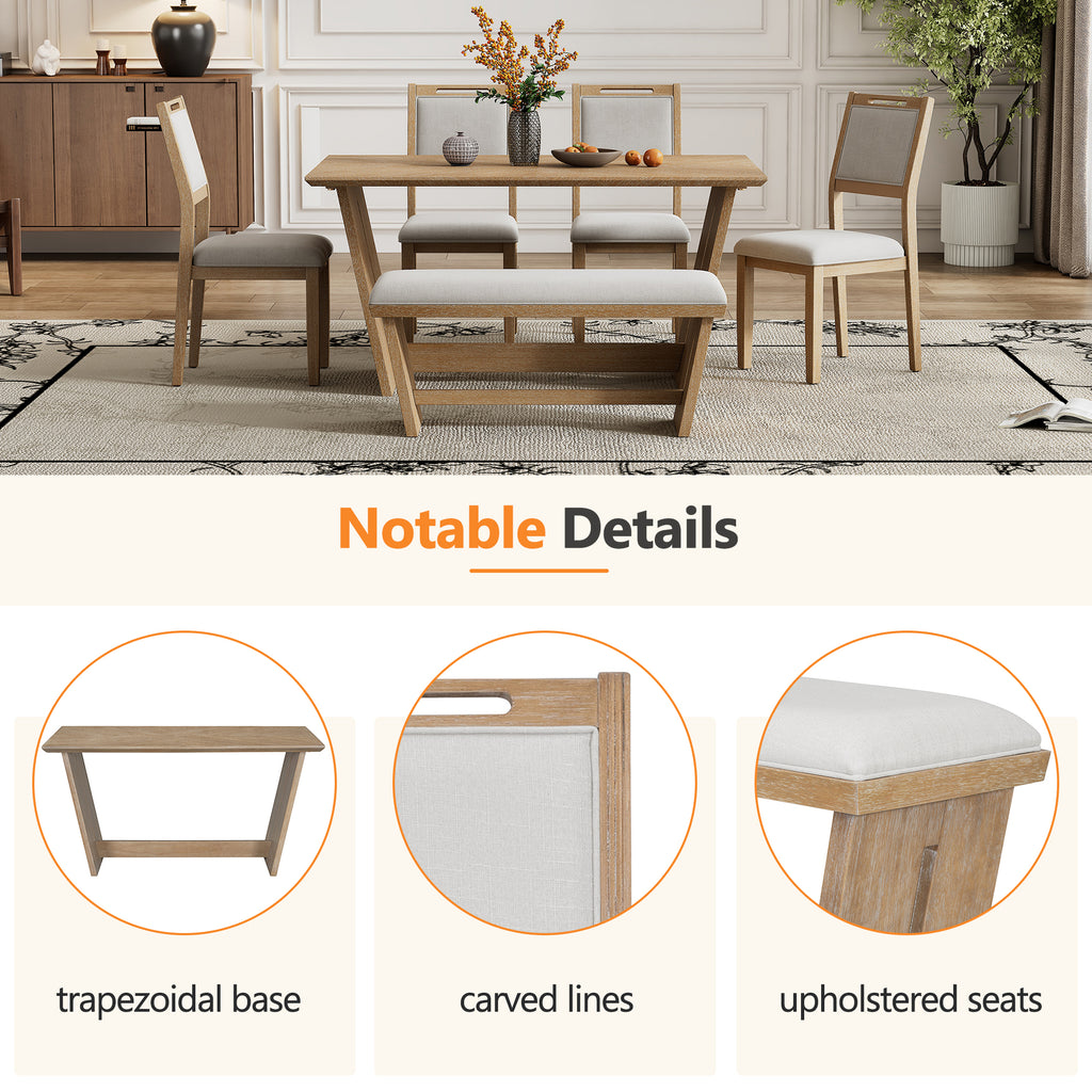 TREXM 6-Piece Retro Dining Table Set for 6, 60' Wood Kitchen Table and Chairs Set of 4 with Bench Designed Trestle Base for kitchen & Dining Room (Natural Wood Wash) - Grand Goldman Shop