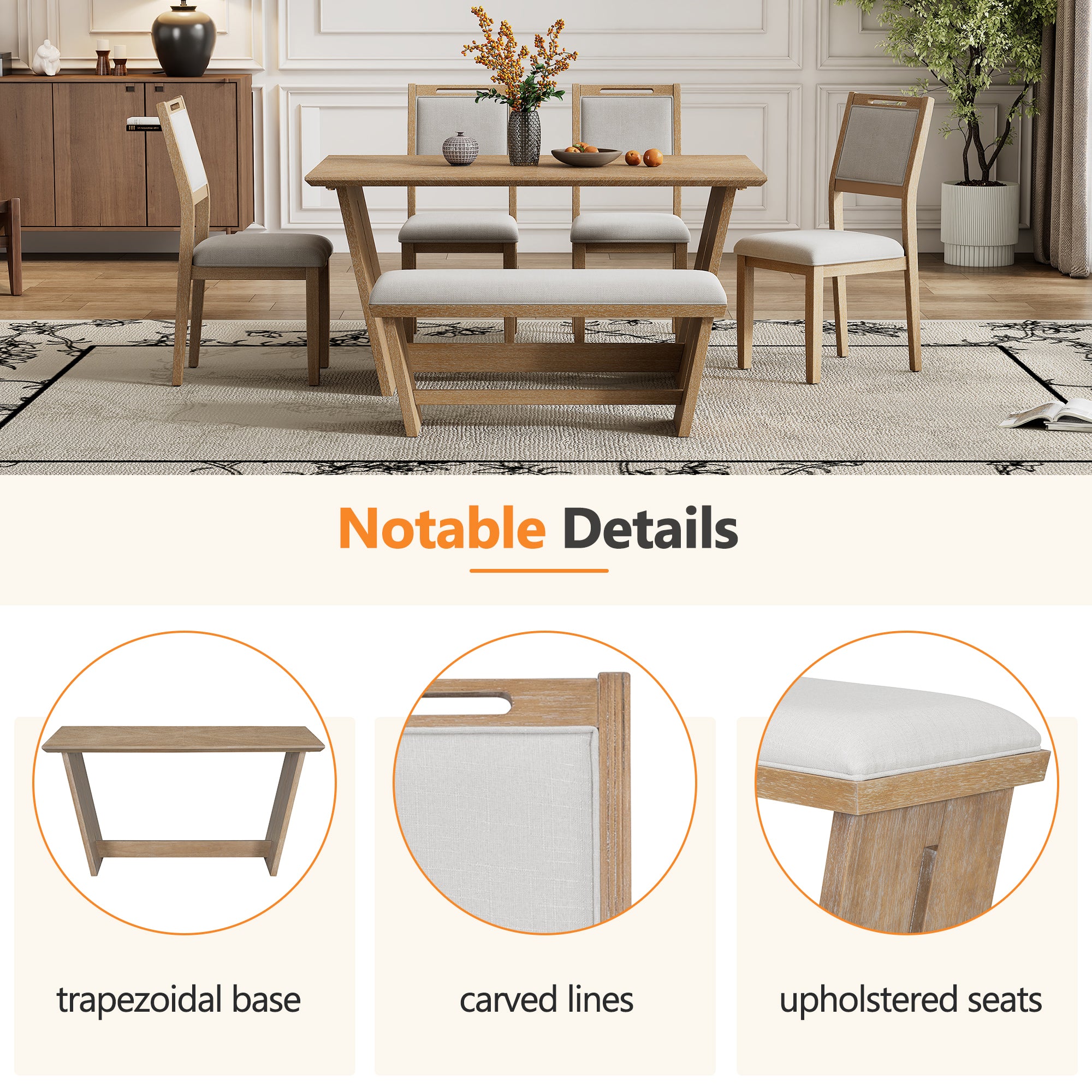 TREXM 6-Piece Retro Dining Table Set for 6, 60' Wood Kitchen Table and Chairs Set of 4 with Bench Designed Trestle Base for kitchen & Dining Room (Natural Wood Wash) - Grand Goldman Shop
