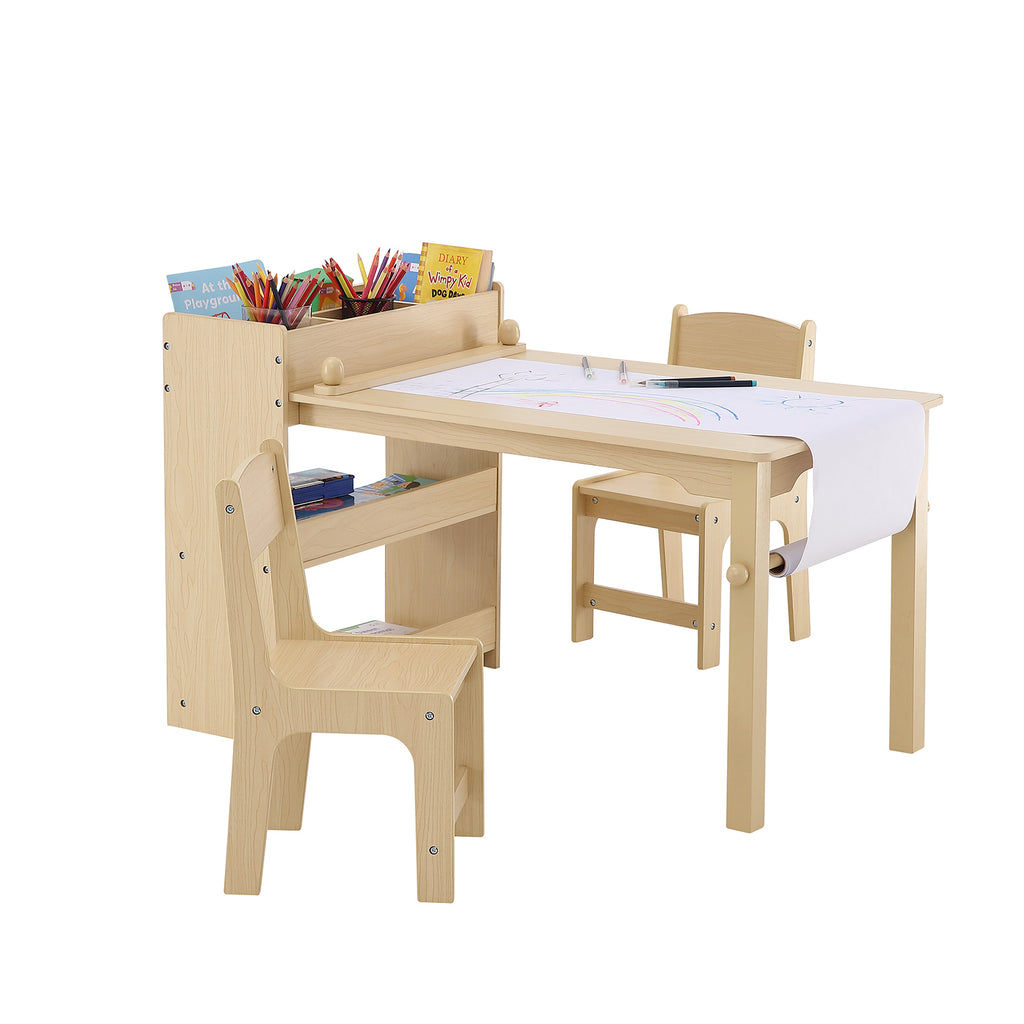 Kids Art Table and 2 Chairs, 2-in-1 Toddler Craft and Play Activity Table, Wood Toddler Table and Chair Set with A Cabinet fo