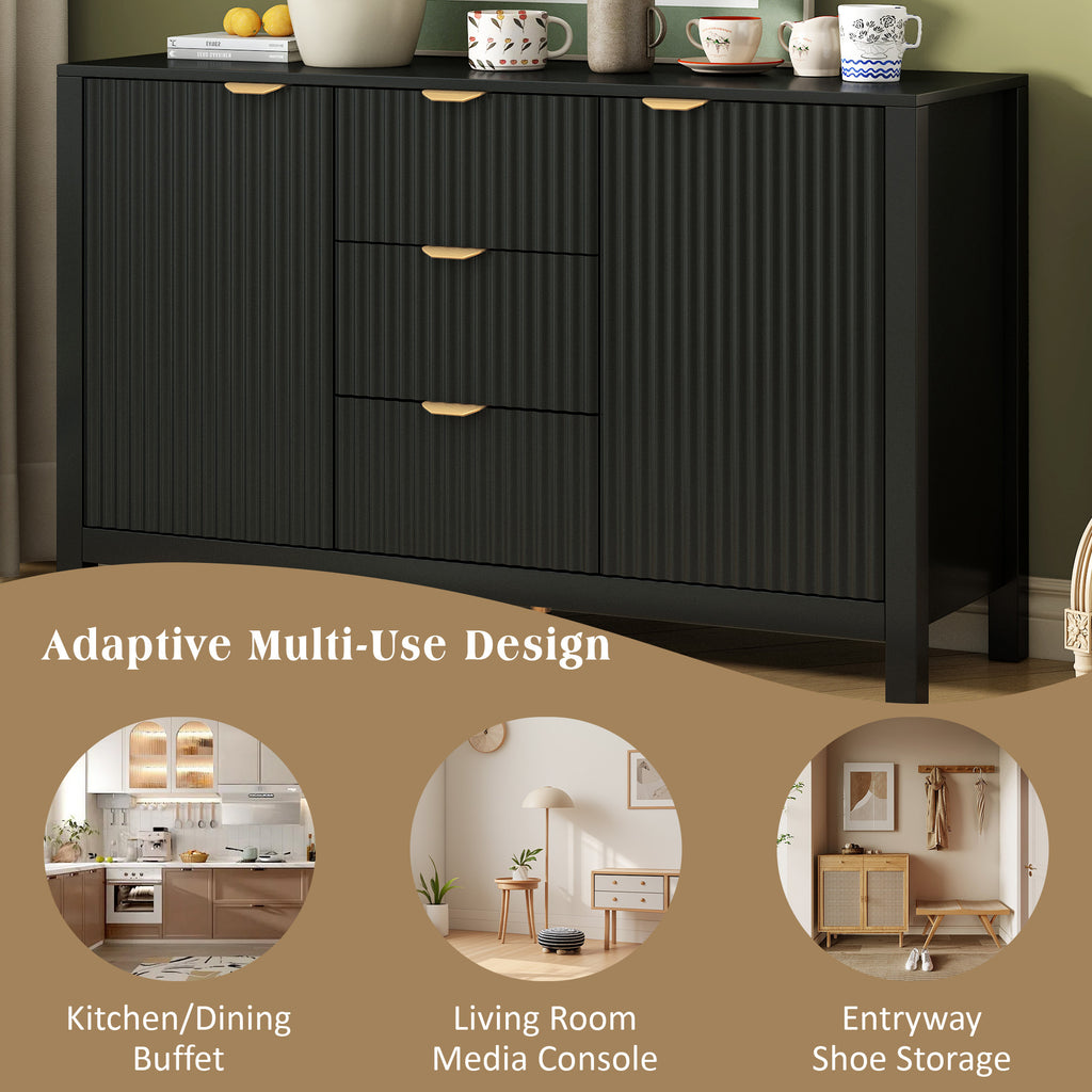 U_STYLE Sideboard with Wave Design - 3 Adjustable Shelves, 3 Drawers & Soft-Close Doors, Storage Console Table with Metal Handles, Suitable for Study, Hallway and Living Room, 3 Colors - Grand Goldman Shop