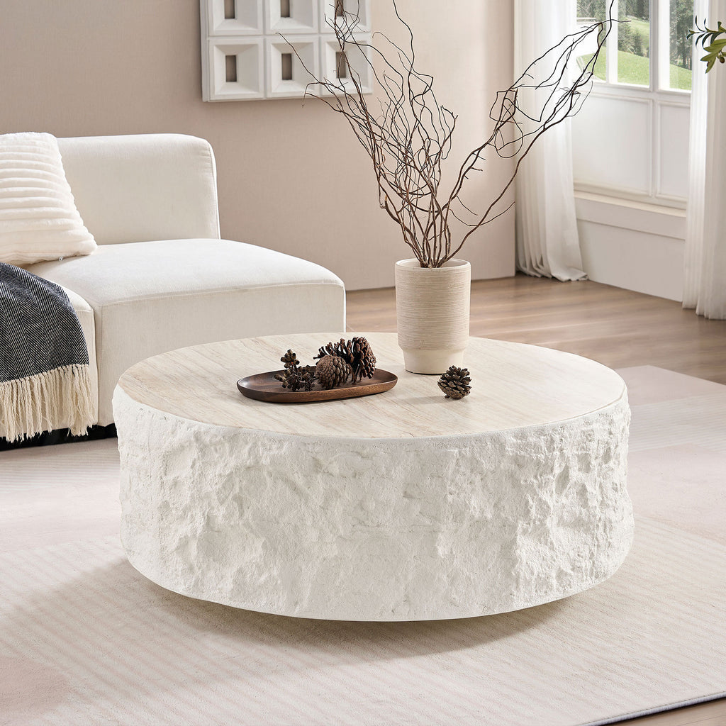 35.43''Fiberglass Round Center Coffee Table for Living Room Vintage Table,Imitation Stone Table front of the Sofa,Modern Design Coffee Table for Office,Apartment,No Need Assembly - Grand Goldman Shop