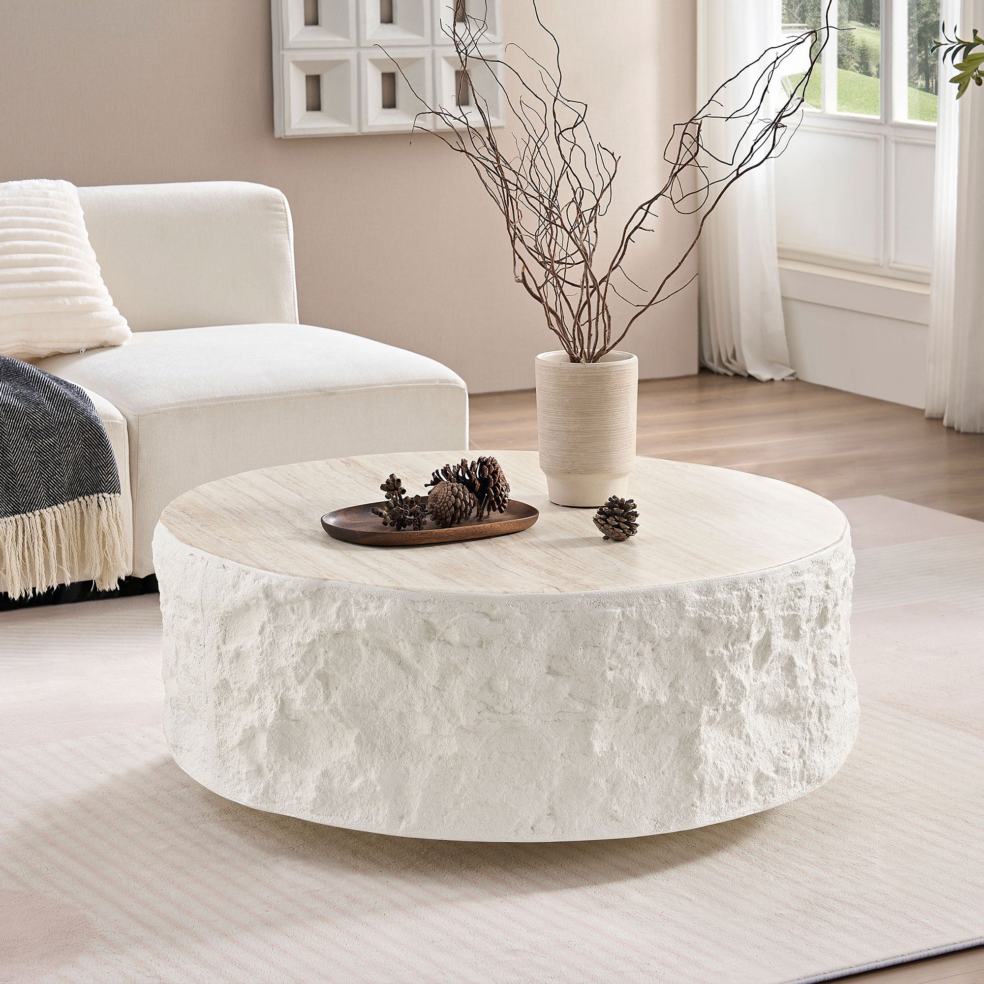35.43''Fiberglass Round Center Coffee Table for Living Room Vintage Table,Imitation Stone Table front of the Sofa,Modern Design Coffee Table for Office,Apartment,No Need Assembly - Grand Goldman Shop