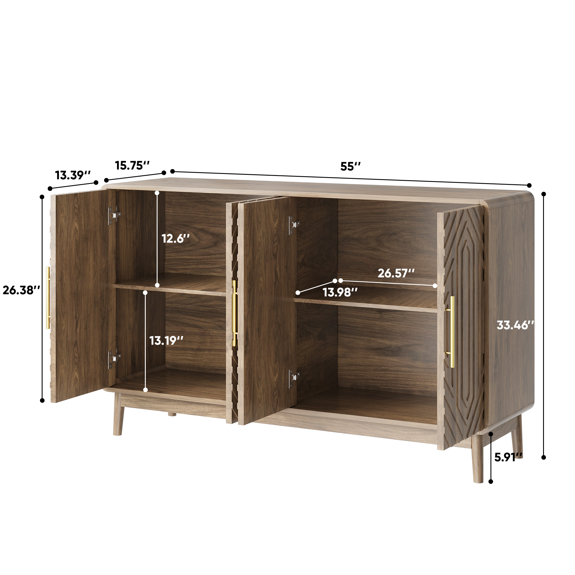Modern Carved 4-Door Sideboard Buffet Cabinet with Storage, Adjustable Layer Board, Walnut Finish - Grand Goldman Shop