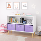 Kids Bookcase with Collapsible Fabric Drawers, Children's Book Display Organizer in White and Purple, MDF with Pine Legs - Gr