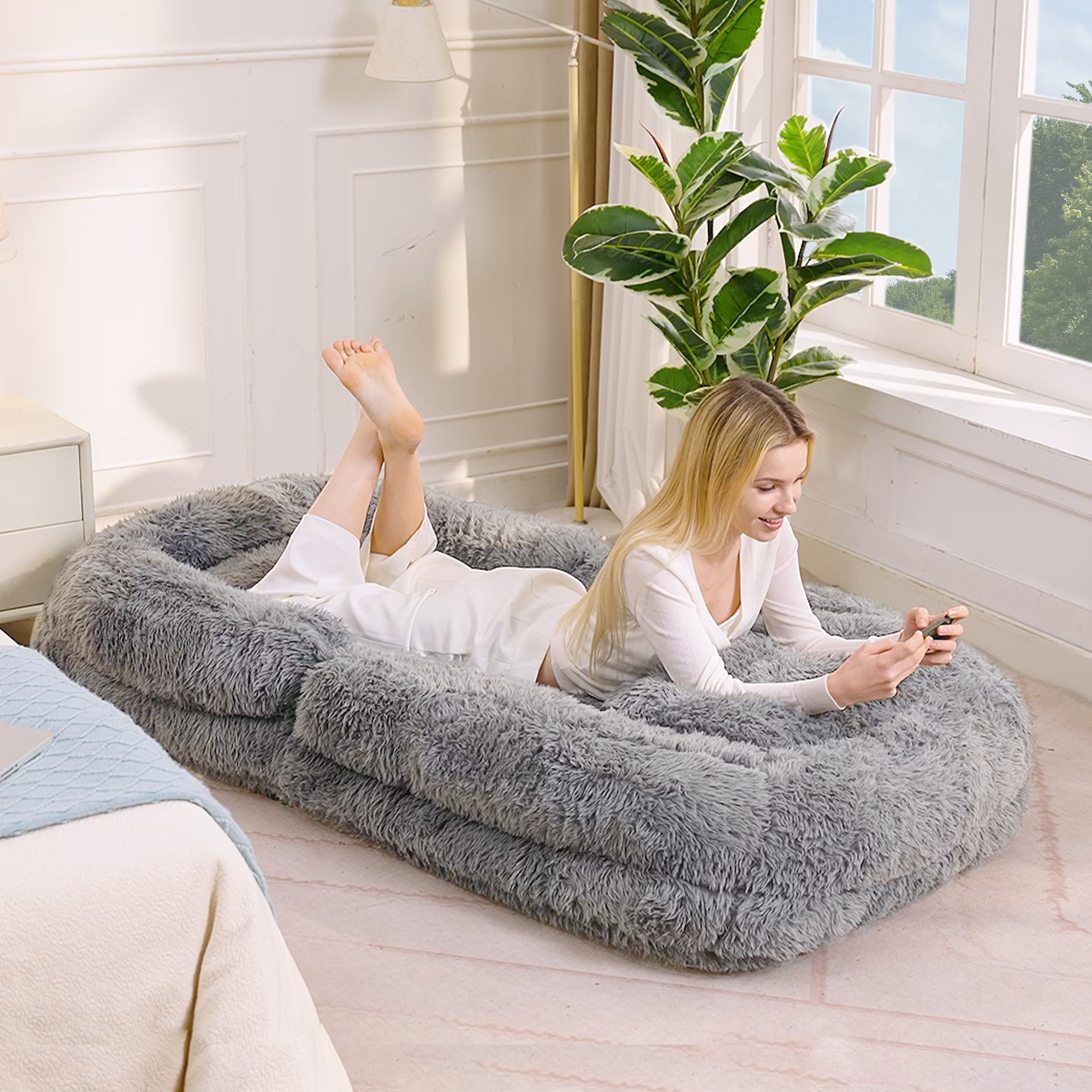 [NEW ARRIVED] [VIDEO PROVIDED] Human Dog Bed,Lazy Sofa,5-Position Adjustable Convertible,Floor Gaming Chair,bedroom, living room,Suitable for gaming, meditation,relaxation,Plush Fabric,Light Gray - Grand Goldman Shop