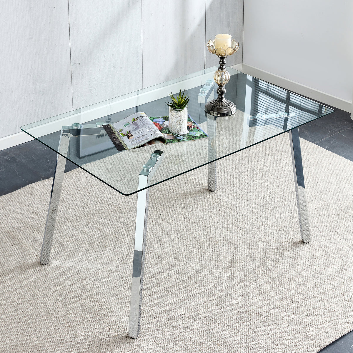 Glass Dining Table Modern Minimalist Rectangular  for 4-6 with 0.31' Tempered Glass Tabletop and plating Metal Legs, Writing Table Desk, for Kitchen Dining Living Room, 51' W x 31'D x 30' H 1123 - Grand Goldman Shop