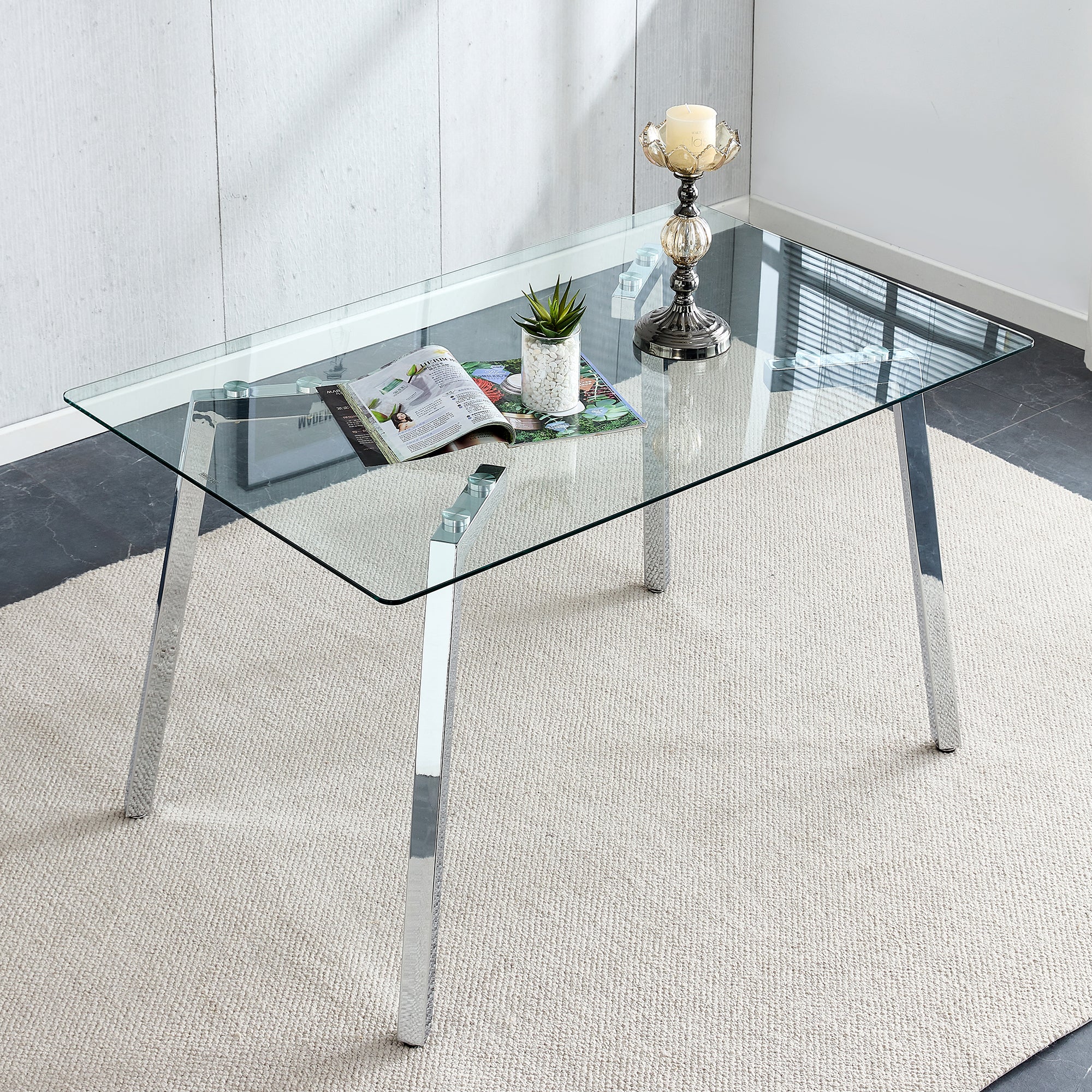 Glass Dining Table Modern Minimalist Rectangular  for 4-6 with 0.31' Tempered Glass Tabletop and plating Metal Legs, Writing Table Desk, for Kitchen Dining Living Room, 51' W x 31'D x 30' H 1123 - Grand Goldman Shop