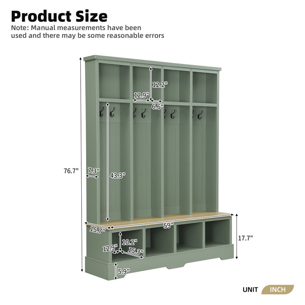 Farmhouse Hall Tree with 8 Hooks, Practical Entryway Bench with Open Compartments, 76.7'H Modern 3-in-1 Wooden Style Coat and Shoe Rack for Mudroom, Living Room, Mint Green (OLD SKU: N721P292601M) - Grand Goldman Shop