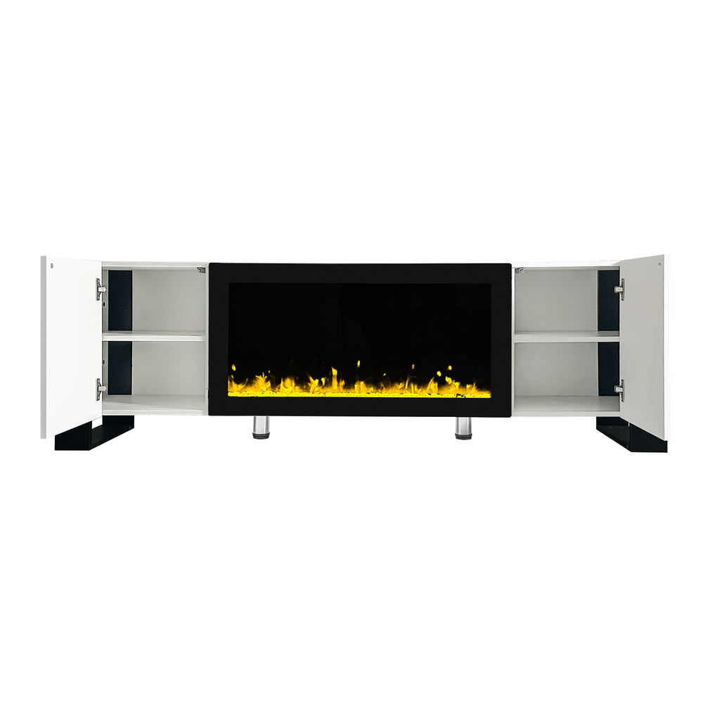 ON-TREND Modern TV Stand with 34.2' Non-heating Electric Fireplace, High Gloss Entertainment Center with 2 Cabinets, Media Console for TVs up to 78', White - Grand Goldman Shop