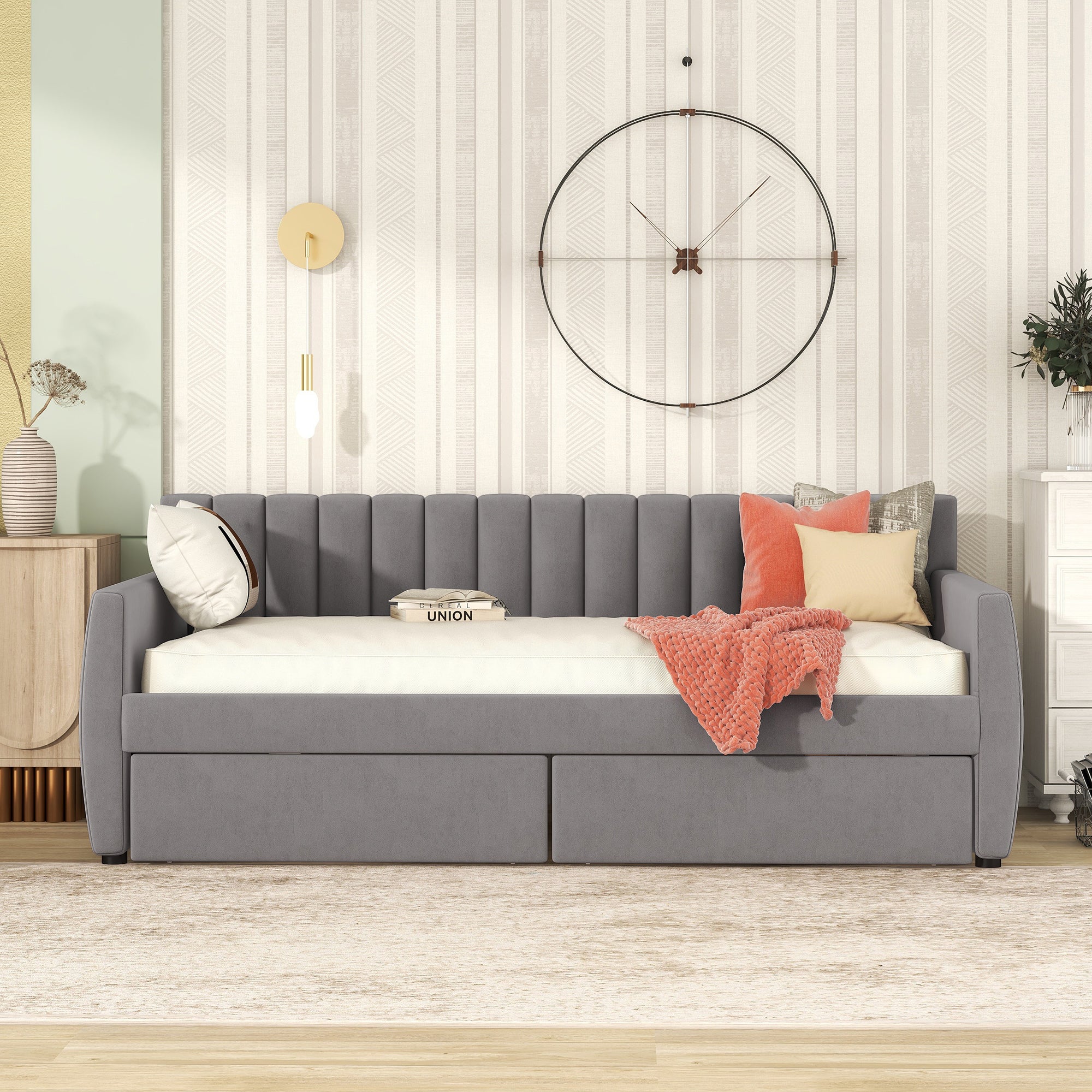 Twin Size Upholstered daybed with Drawers, Wood Slat Support, Gray - Grand Goldman Shop