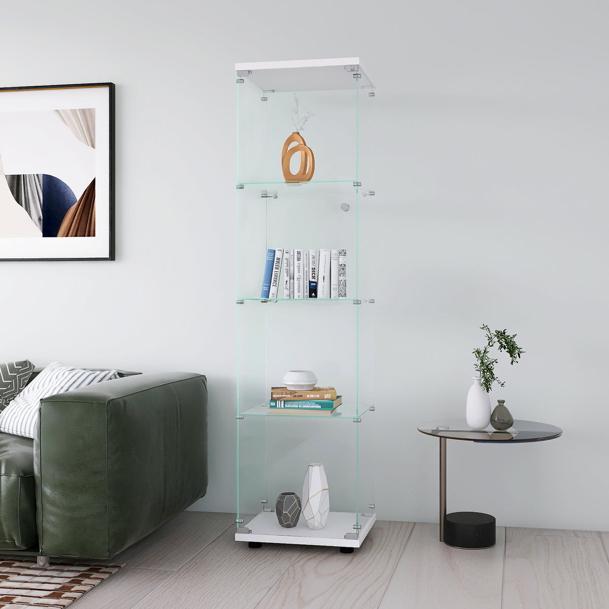 Glass Display Cabinet 4 Shelves with Door, Floor Standing Curio Bookshelf for Living Room Bedroom Office, 64.7'*16.7'*14.3' 
