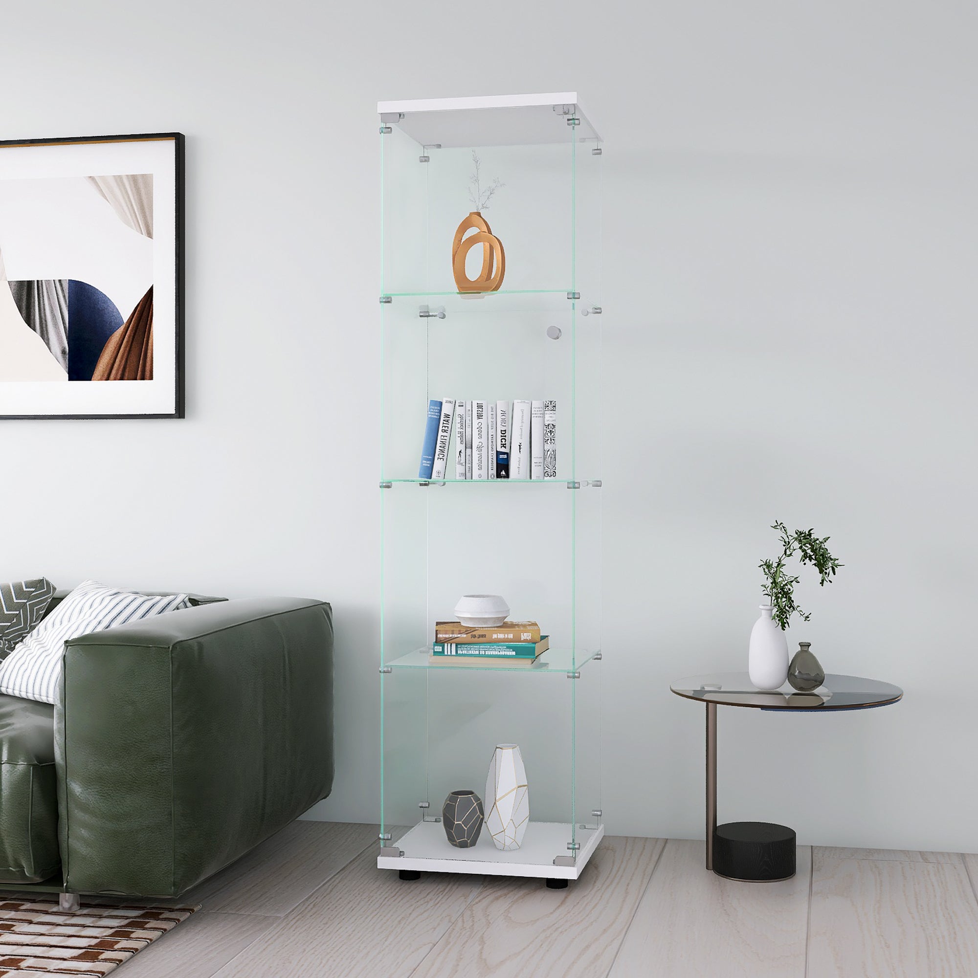 Glass Display Cabinet 4 Shelves with Door, Floor Standing Curio Bookshelf for Living Room Bedroom Office, 64.7'*16.7'*14.3' 
