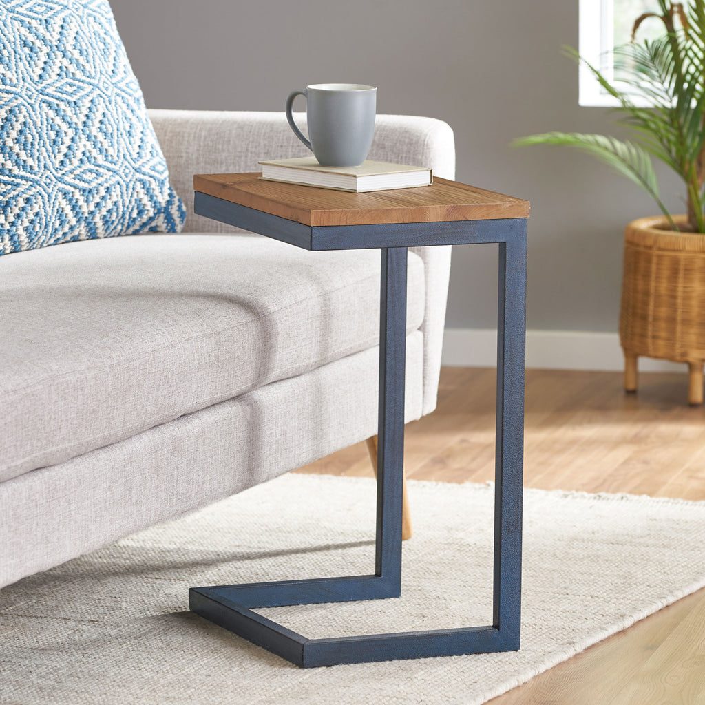 Medium C-shaped End Table with Iron Base and Fir Wood Top, Black - Grand Goldman Shop