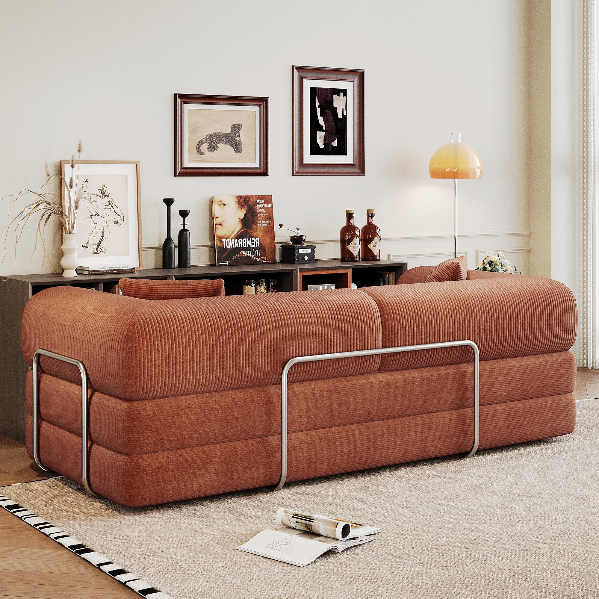 78.8' Compression Sofa,Convertible Floor Sofa Bed-with Pillow Back Support Armrest,Comfy Futon Couch Sleeper Bed,Loveseats Boneless Modular Sectional Sofa,Corduroy fabric,for Living Room,Bedroom,Brown - Grand Goldman Shop