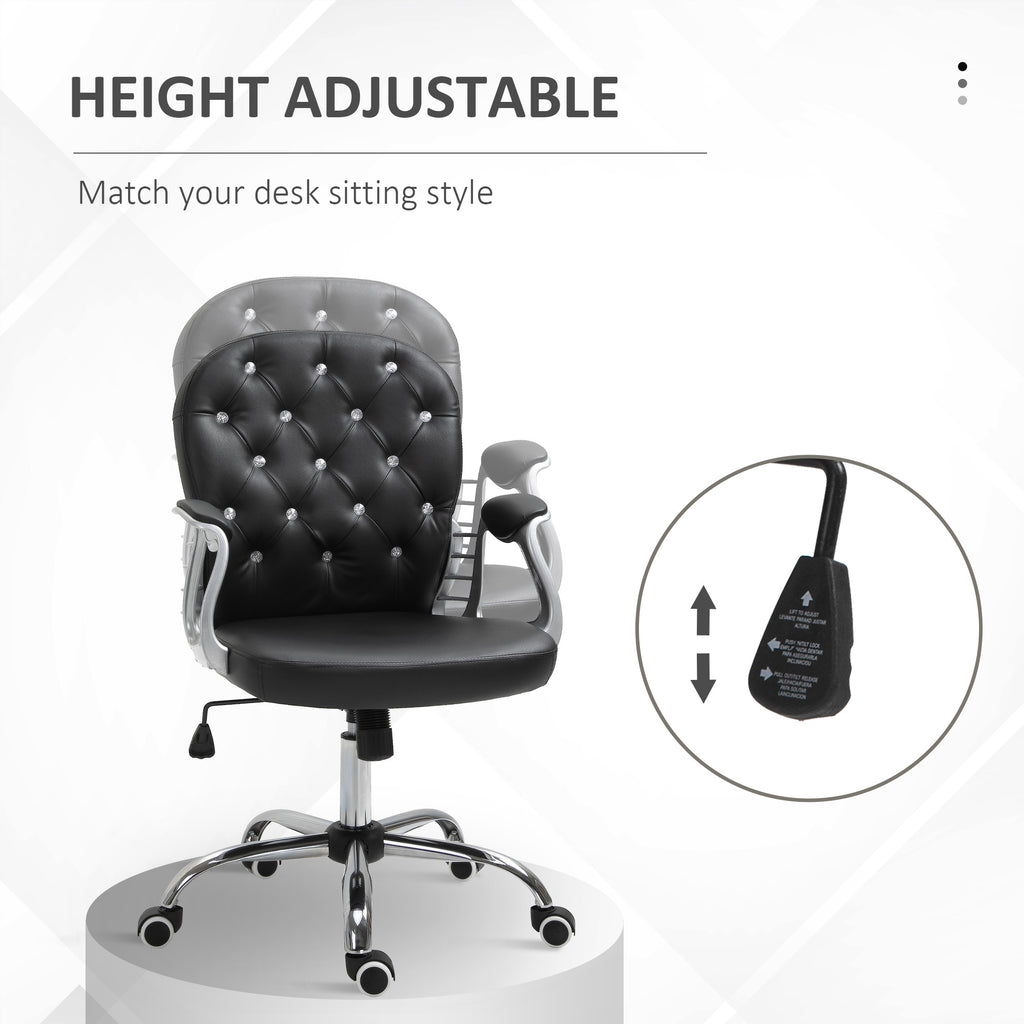 Vinsetto PU Leather Home Office Chair, Button Tufted Desk Chair with Padded Armrests, Adjustable Height and Swivel Wheels, Bl