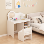 Kids Vanity Table with Mirror and Chair, Wooden Children's Dressing Makeup Desk with Storage Shelves, Study and Activity Tabl