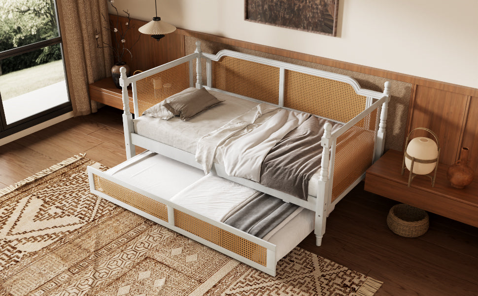 Traditional Style Rattan Twin Size Daybed with 2 Drawers, Antique White, Solid Pine Wood & MDF - Grand Goldman Shop