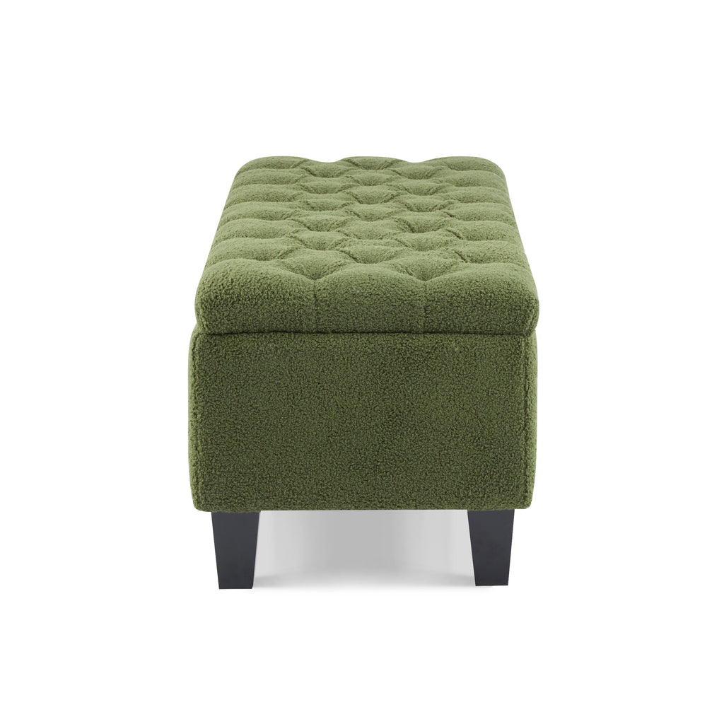 Ottoman Bench with Storage, Green Boucle Surface, Rubber Wood Legs, 300 lbs Capacity - Grand Goldman Shop