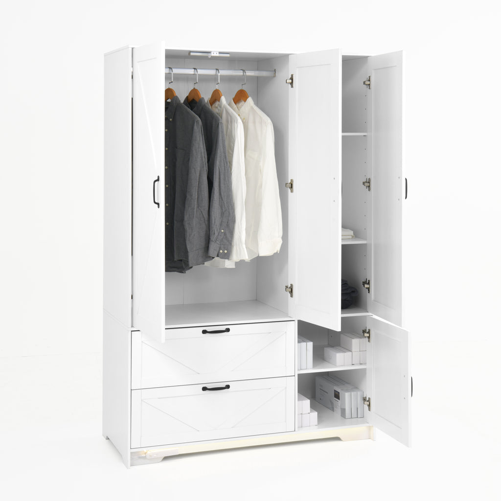 4 Doors Wardrobe Closet with Mirror, LED Wardrobe with Doors and 2 Drawers, Wooden Wardrobe Storage Cabinet with Hanging Rod, Adjustable Shelves, White - Grand Goldman Shop