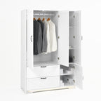 4 Doors Wardrobe Closet with Mirror, LED Wardrobe with Doors and 2 Drawers, Wooden Wardrobe Storage Cabinet with Hanging Rod, Adjustable Shelves, White - Grand Goldman Shop