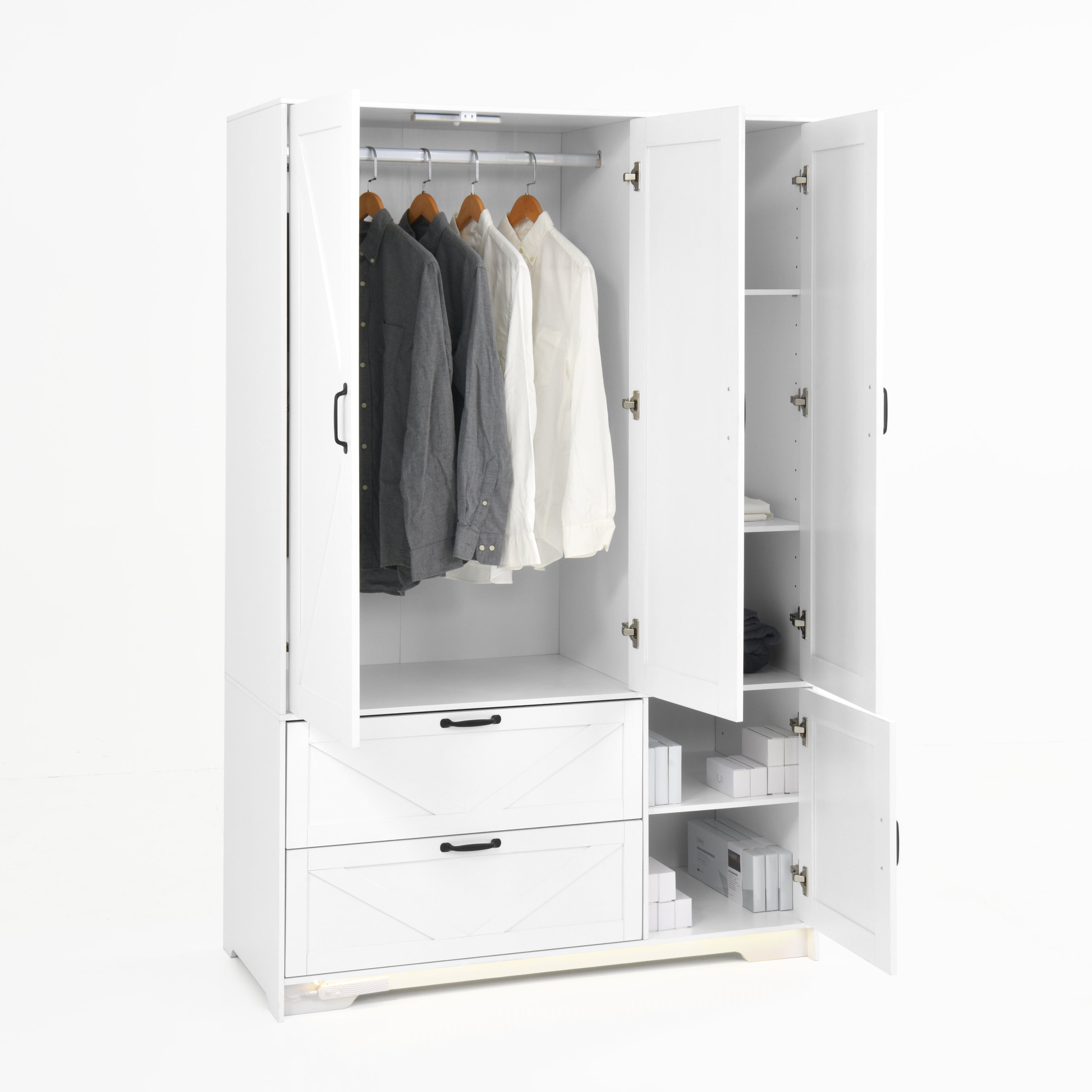 4 Doors Wardrobe Closet with Mirror, LED Wardrobe with Doors and 2 Drawers, Wooden Wardrobe Storage Cabinet with Hanging Rod, Adjustable Shelves, White - Grand Goldman Shop
