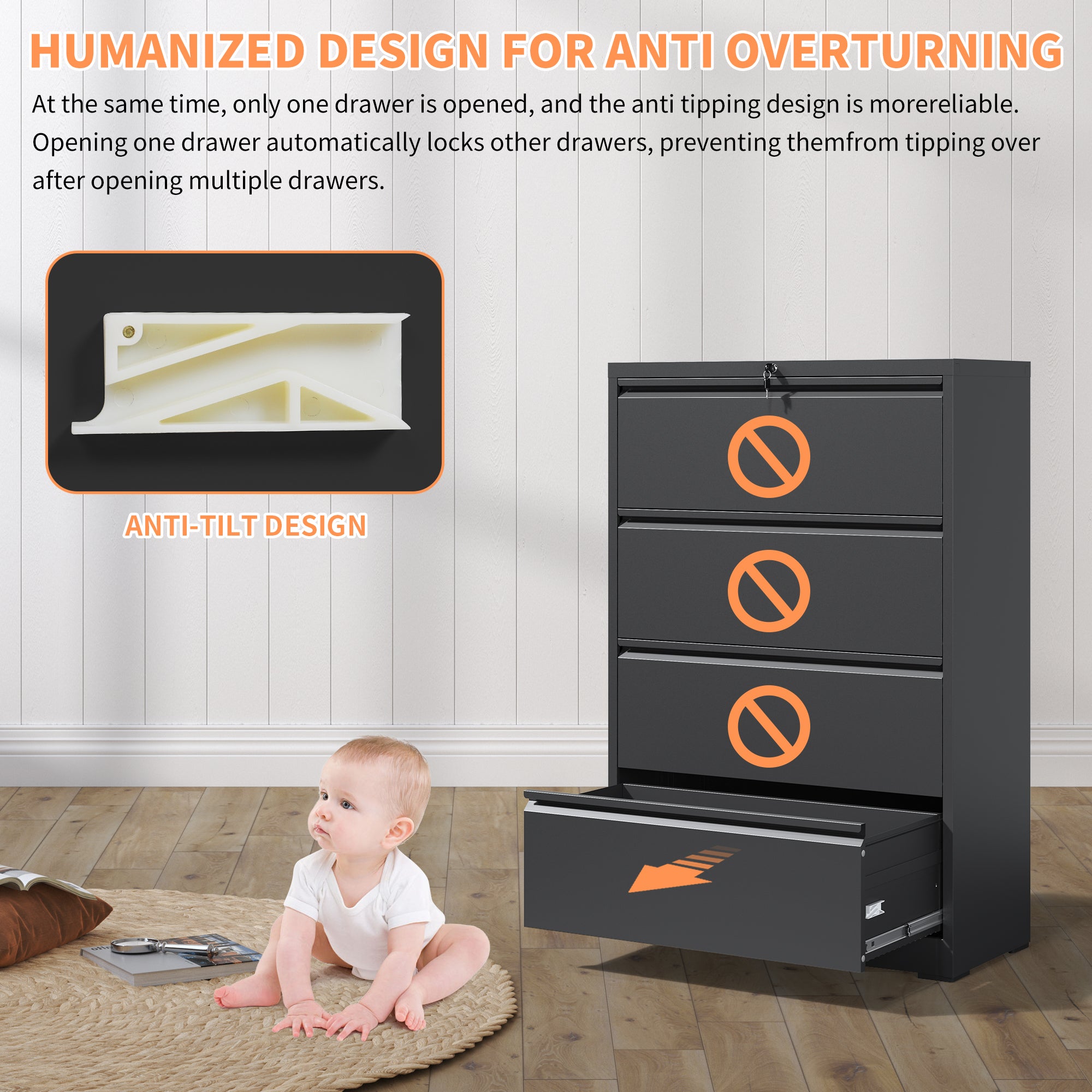 Modern Black 4-Drawer Lateral File Cabinet with Lock, Metal Filing Cabinet for Legal/Letter/A4/F4 - Grand Goldman