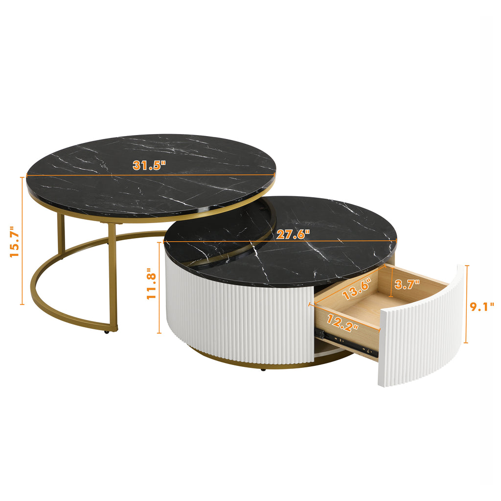 Modern Round Nesting Coffee Table Fluted with Drawer in Black & Gold in 31.5'' - Grand Goldman Shop