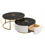 Modern Round Nesting Coffee Table Fluted with Drawer in Black & Gold in 31.5'' - Grand Goldman Shop