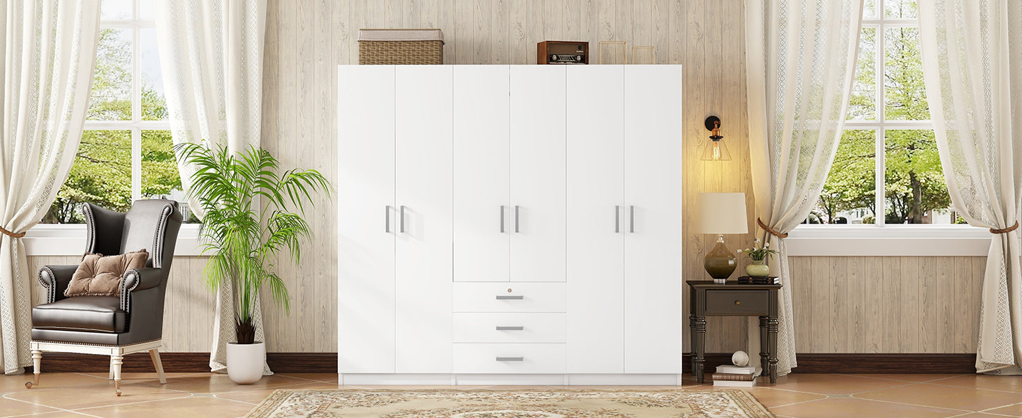 6-Doors Wooden Wardrobe Storage for Bedroom, with Big Drawers, White - Grand Goldman Shop