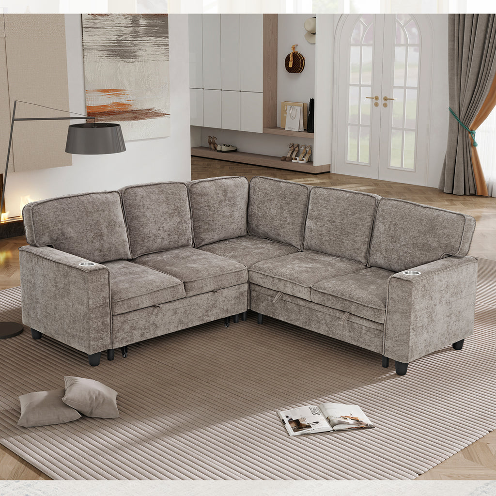 L-Shaped Sofa with Pull Out Sofa Bed, Sleeper Sofa Couch Bed with Storage Seat, 5 Seat Sectional Sofa Bed with USB, Sectional Sofa Couch for Living Room, Apartment, Light Brown - Grand Goldman Shop