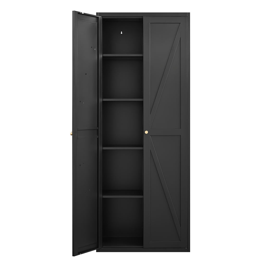 Black Metal Kitchen Pantry Cabinet with Adjustable Shelves and Gold Handles, Tall Steel Storage Locker for Kitchen, Living Ro