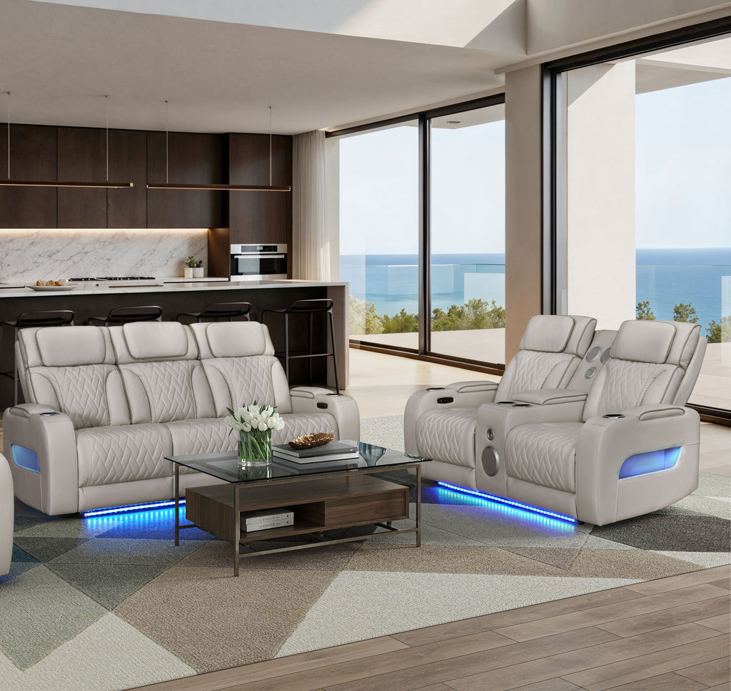 Jazz Ice Leather Aire Transformer Power Reclining Sofa & Loveseat Living Room Set w/Power Headrest, Bluetooth Speakers, LED Lights, Wireless Charging Drop-Down Table, USB Ports, Storage & Cupholders - Grand Goldman Shop