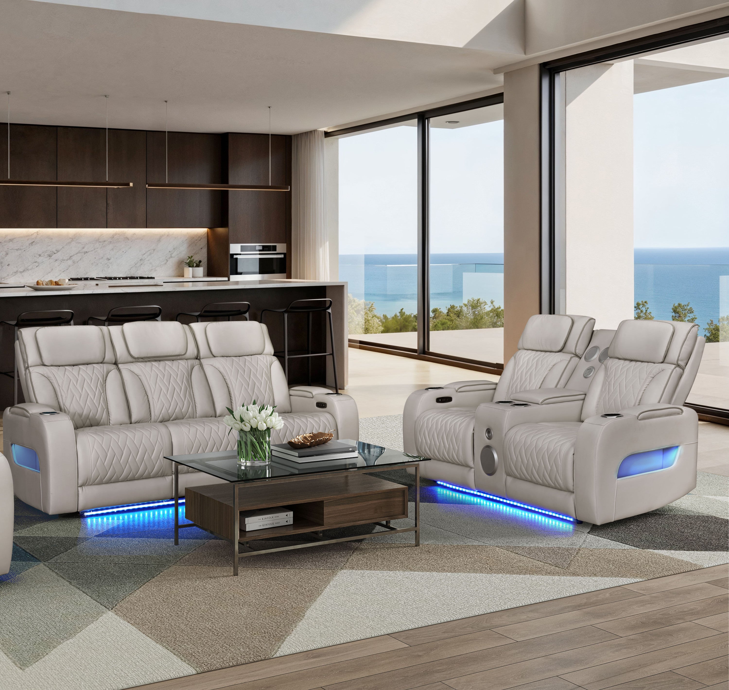 Jazz Ice Leather Aire Transformer Power Reclining Sofa & Loveseat Living Room Set w/Power Headrest, Bluetooth Speakers, LED Lights, Wireless Charging Drop-Down Table, USB Ports, Storage & Cupholders - Grand Goldman Shop