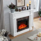 Electric Fireplace with Mantel, Fireplace Mantel, Fireplace Heater Freestanding, Realistic Stacked Stone Surround with Remote Control Timer LED Flame, White, 45.66'W*11.8'D*40'H - Grand Goldman Shop