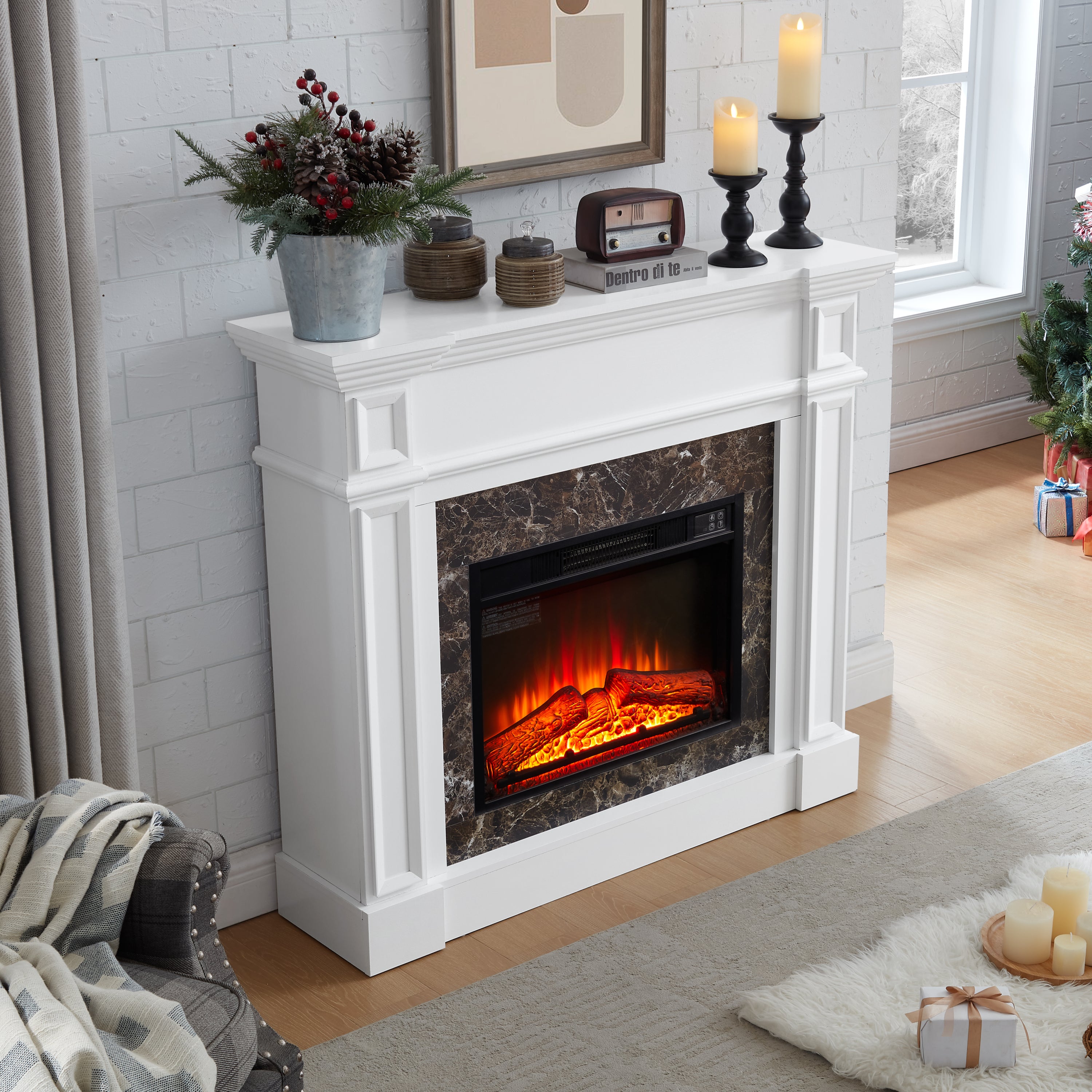 Electric Fireplace with Mantel, Fireplace Mantel, Fireplace Heater Freestanding, Realistic Stacked Stone Surround with Remote Control Timer LED Flame, White, 45.66'W*11.8'D*40'H - Grand Goldman Shop