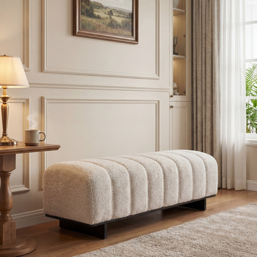 Indoor Dining Bench, Beige Faux Fur Fabric Bench with Rubber Wood Legs , 250lbs, Comfortable Seating for Dining Room/Living Area - Grand Goldman Shop