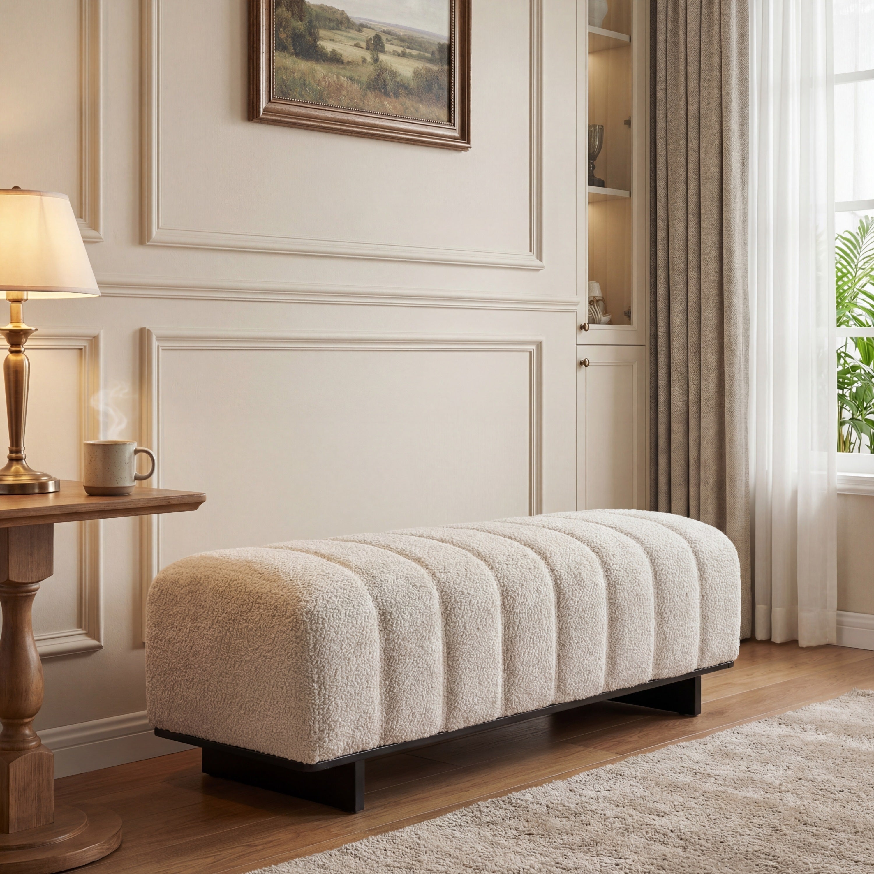 Indoor Dining Bench, Beige Faux Fur Fabric Bench with Rubber Wood Legs , 250lbs, Comfortable Seating for Dining Room/Living Area - Grand Goldman Shop