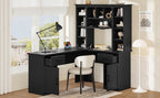 L-shaped computer desk with 2 cabinets and 2 drawers underneath the table, 11 open shelves and a flip-up shelf with storage o
