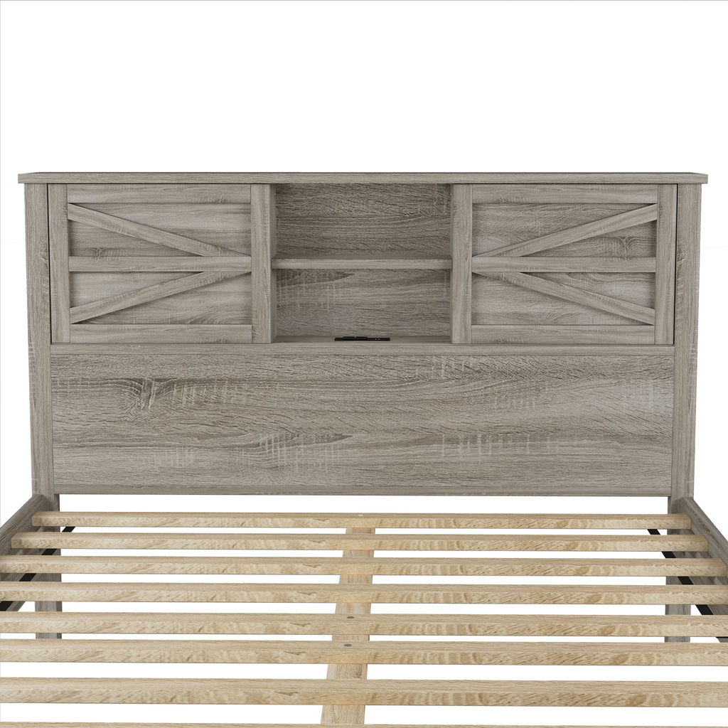 3-Pieces Bedroom Sets Queen Size Farmhouse Platform Bed with Double Sliding Door Storage Headboard and Charging Station, Storage Nightstand and Dresser, Antique Gray(Old SKU HL000092AAG) - Grand Goldman Shop