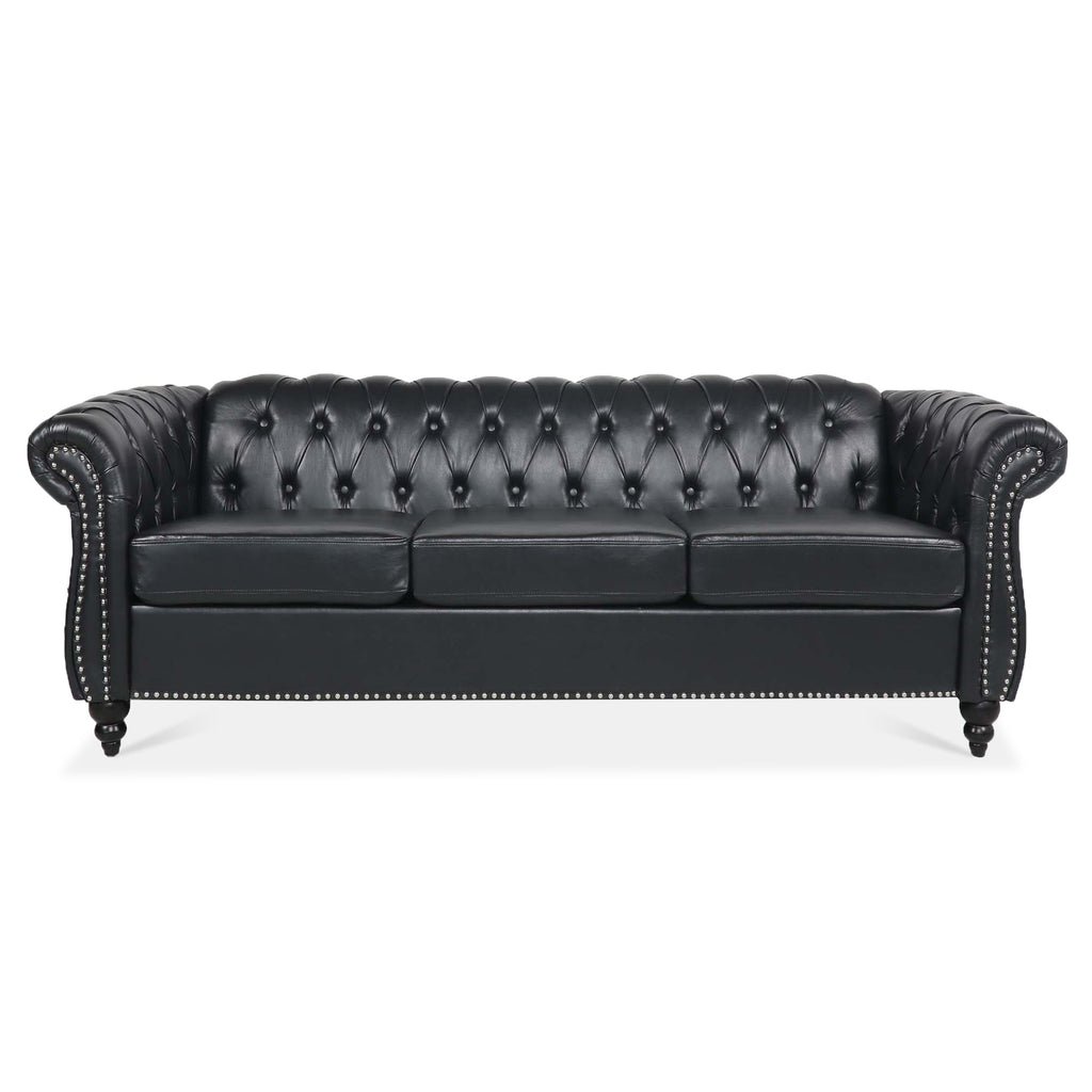 84.65' BLACK PU Rolled Arm Chesterfield Three Seater Sofa. - Grand Goldman Shop