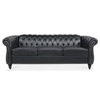 84.65' BLACK PU Rolled Arm Chesterfield Three Seater Sofa. - Grand Goldman Shop