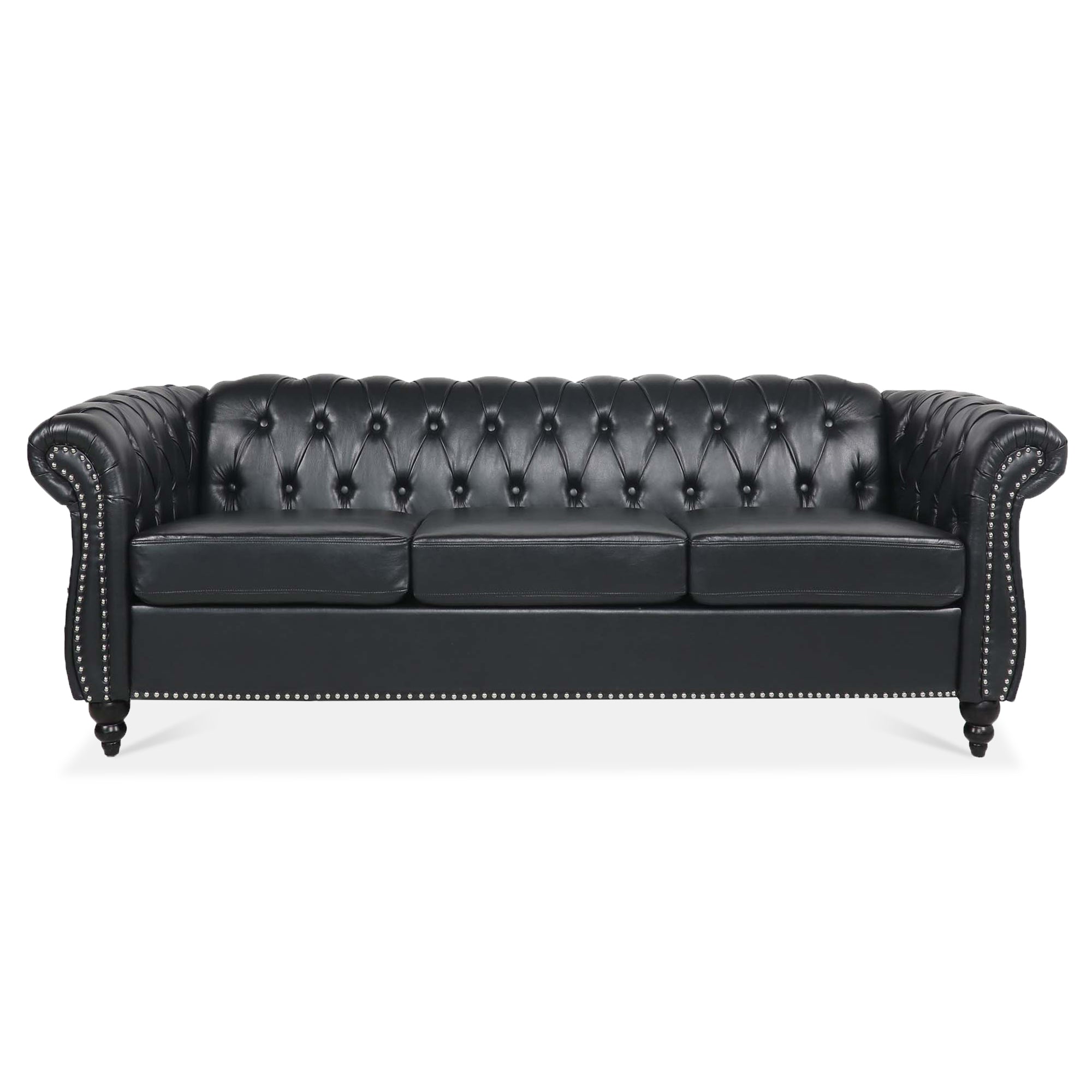 84.65' BLACK PU Rolled Arm Chesterfield Three Seater Sofa. - Grand Goldman Shop