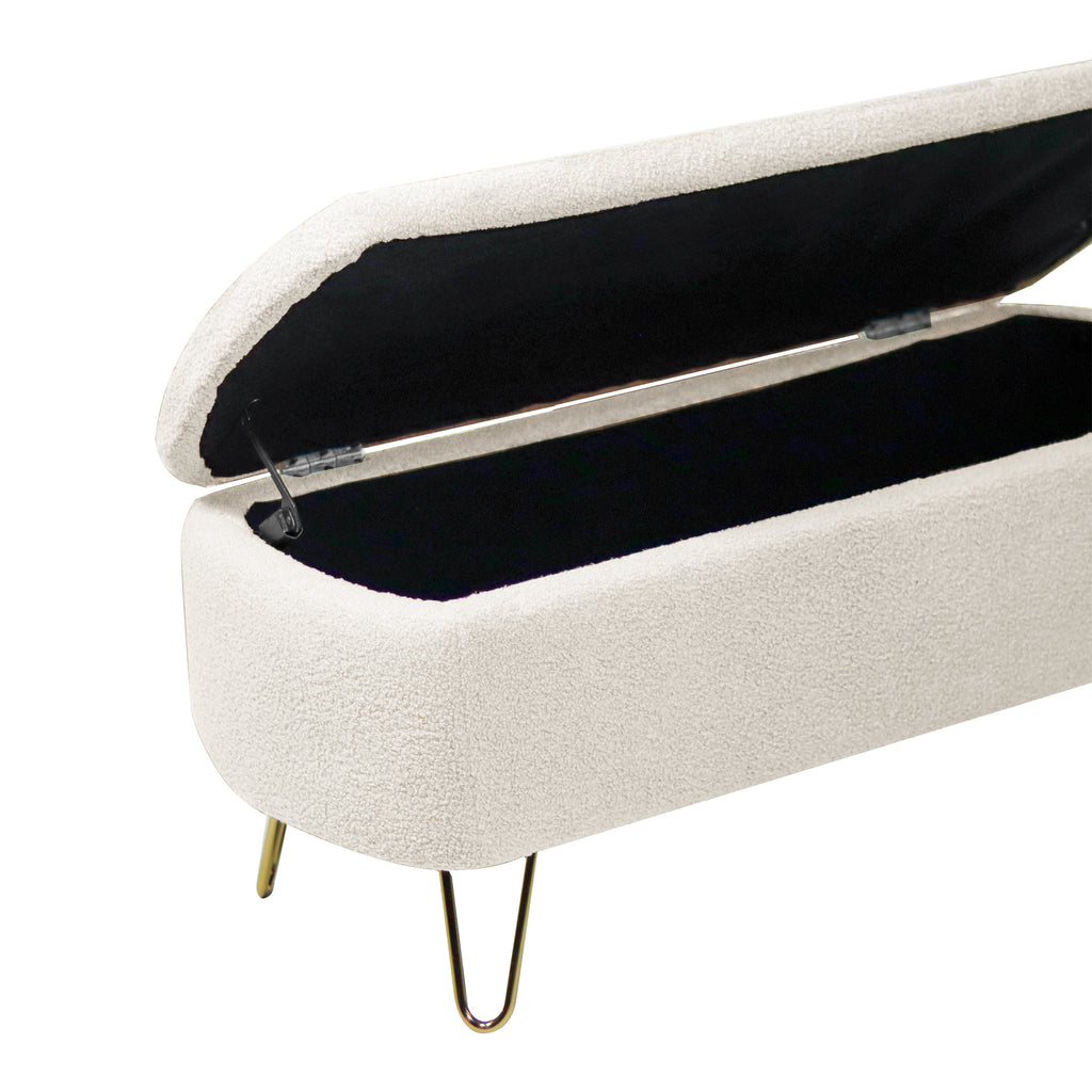 Ivory White Storage Ottoman Bench for End of Bed Gold Legs, Modern Ivory White Faux Fur Entryway Bench Upholstered Padded with Storage for Living Room Bedroom - Grand Goldman Shop