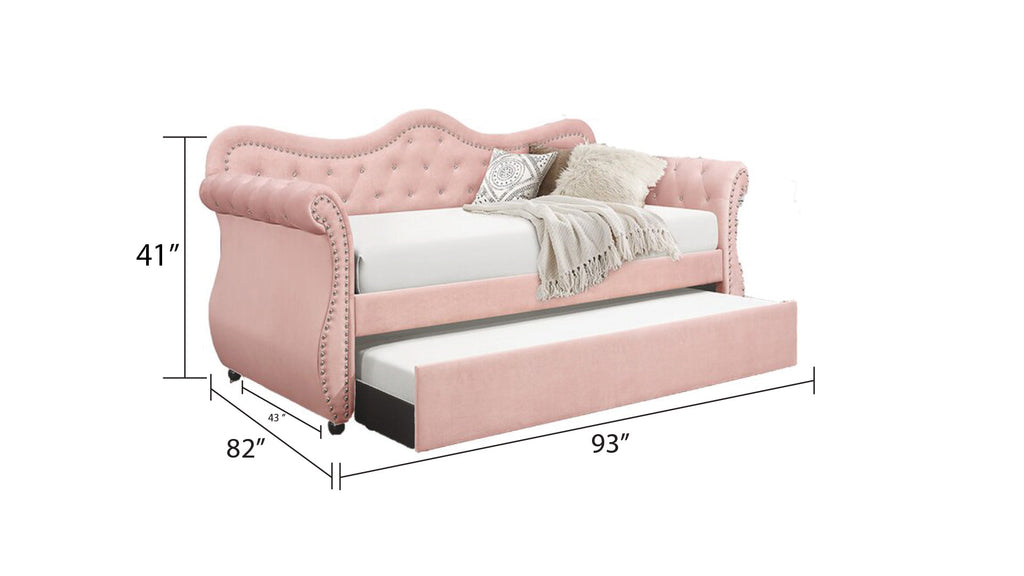 Abby Modern Style Upholstered Velvet Wood Daybed with Trundle in Pink - Grand Goldman Shop